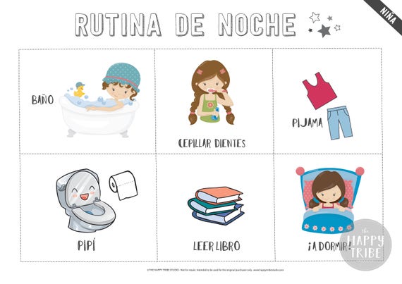 Kids routines Chart / GIRL / Spanish / printable / evening