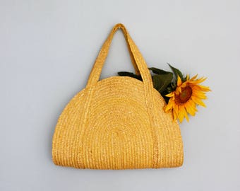 Vintage straw bag, large straw bag, beach bag, wicker, woven bag, market bag, straw tote, shopper, straw purse, basket bag yellow VEGAN bag