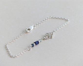 Sterling Silver blue sapphire bracelet, lotus flower charm natural blue sapphire bracelet, September birthstone, blue gemstone bracelet