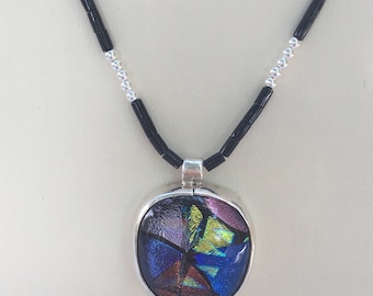 Sterling Silver Dichroic Fused Glass Pendant Beaded Necklace & Birthday Card