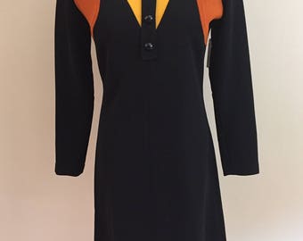 1970s Vintage Black/Marigold and Rust Colorblock Knit Dress