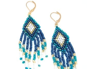 Shaman - Rhombus and earrings hand woven fringes