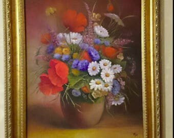 Meadow flowers in a vase-oil painting on canvas, framed,romantic