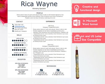 Creative resume template- .doc Word format- Instant download 1-page and 2-page CV template - With Cover Letter- Printable CV clean design