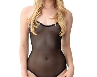 Evelyn mesh bodysuit- see-through sheer black spandex mesh body suit, transparent leotard, french lace racerback- sexy lingerie set playsuit