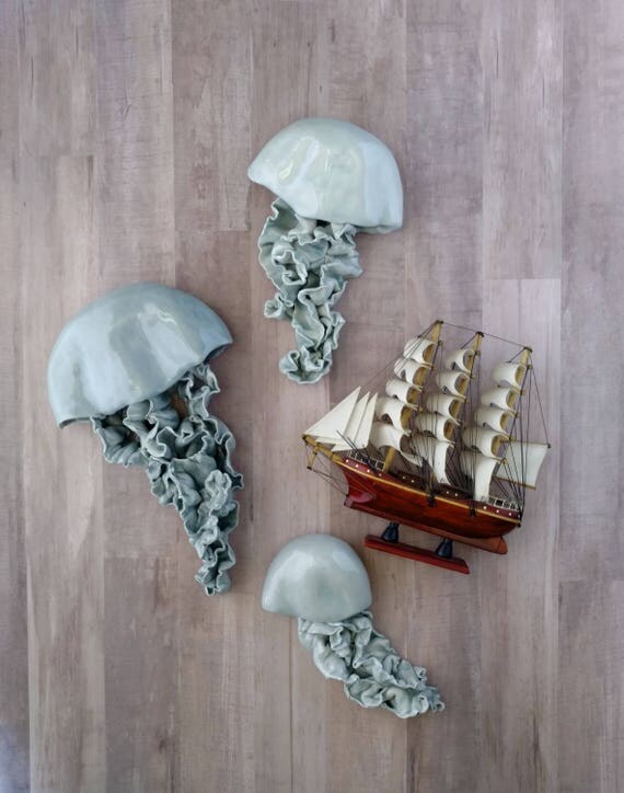 Jellyfish ceramic wall sculpture. Set of 3 art installation.