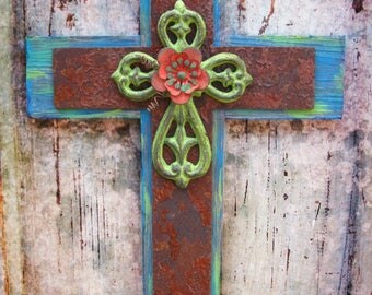 Cross Wall Hanging, Industrial Wall Decor Cross, Distressed Cross, Hanging Wall Cross, Rusty, Wood Cross, Wall Cross Decor, Turquoise Cross