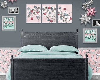 Girl Nursery Art Canvas Pink and Gray Flower Painting Triptych - Large 50x20