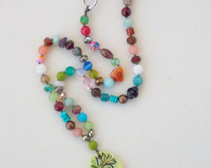 Colorful Necklace, Hand Knotted Boho Necklace, Bohemian Hippie Colorful Czech Glass Beads Gemstones
