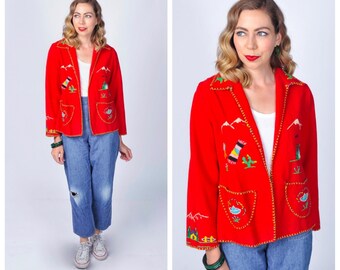 Vintage 1950's Embroidered Mexican Souvenir Jacket/ Traditional Mexican Red Wool Embroidered Jacket Coat Size Small