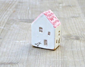tiny ceramic house-pink little house with bird