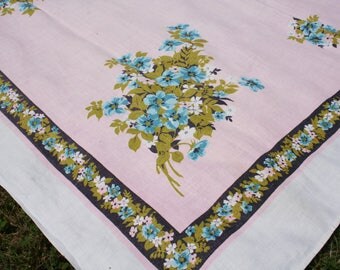 Vintage Printed Tablecloth Pink with Blue Flowers Linen