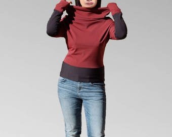 Cowl neck sweater, T shirt in Burgundy sleeves extra long