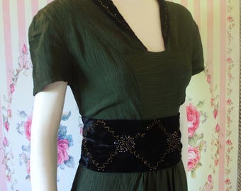 Stunning Vintage 1930s 1940s Beaded Floor Length Evening Gown & Matching Sash S Small 26 27 Waist