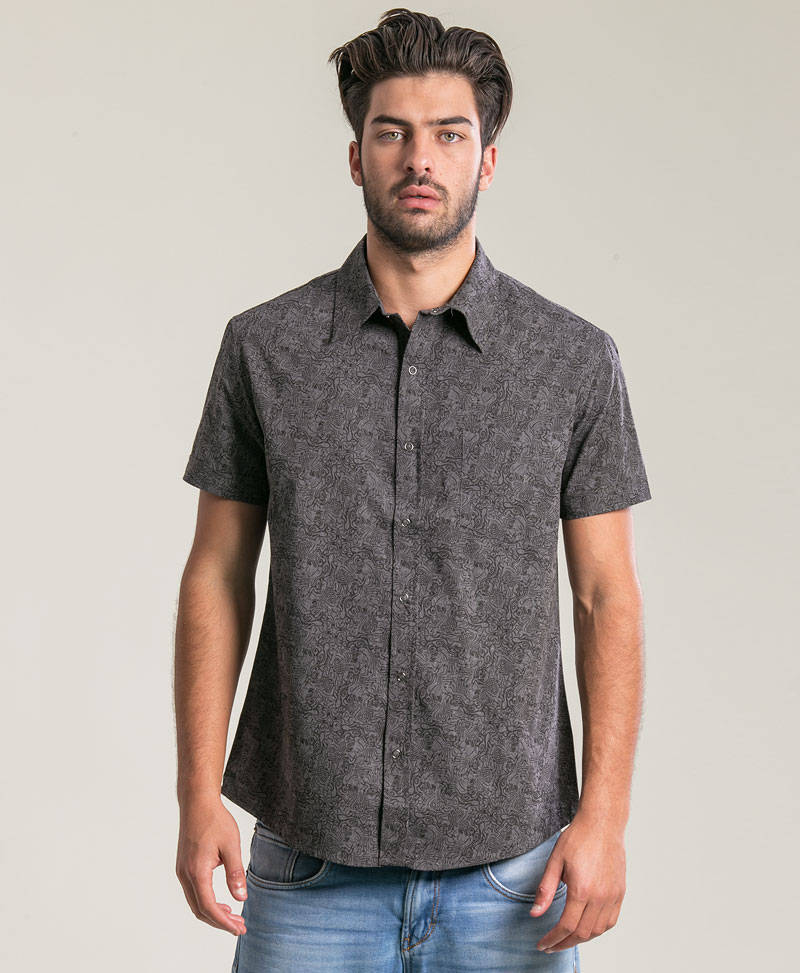 Grey Cotton Button Up Shirt For Men Tails Pattern Short