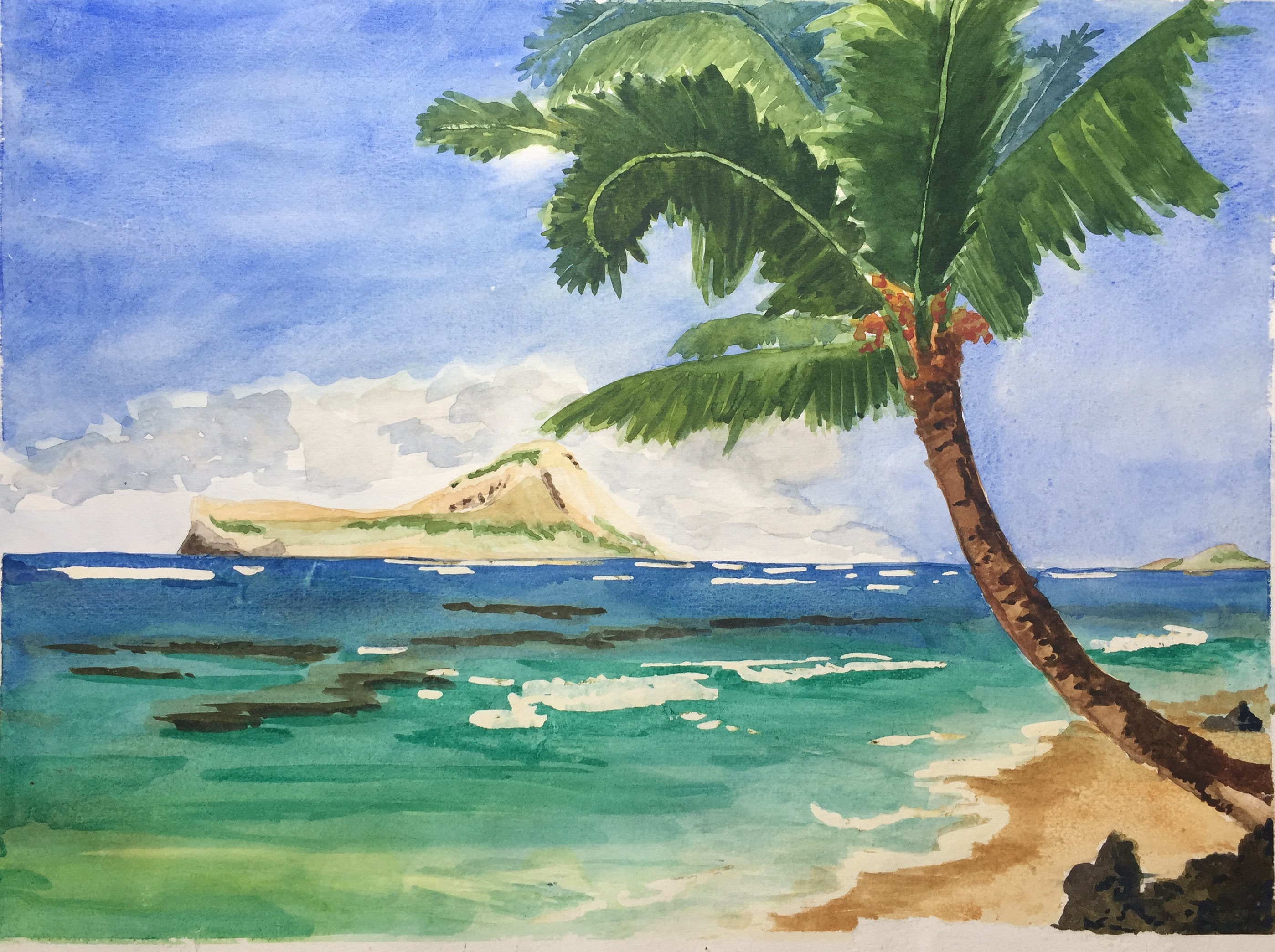 Морской пейзаж 6 класс. Морской пейзаж для детей. Тропический пейзаж акварелью. Морской пейзаж гуашью. Правополушарное рисование остров с пальмами.