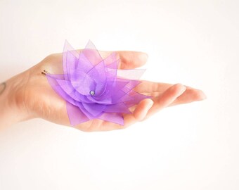 Purple organza lotus flower barrette