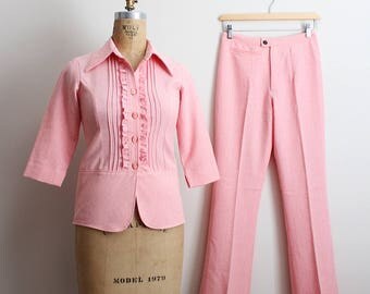 70s suit pant pants pink waisted xxs ruffle 1970s xs piece