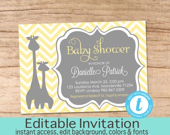 Giraffe Baby Shower Invitation, Yellow Grey Giraffe Baby Shower invitation, Editable Baby Shower Invitation, CHANGE COLORS, Instant Download