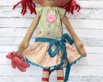 Sweet Lucy Anne with her Teddy - Primitive Raggedy Ann Doll