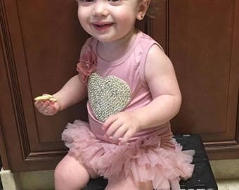 Short Sleeve Summer Dress Toddler Cotton Dress with Tulle and Rhinestone Heart
