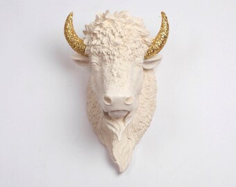 Faux Bison - The Kersey - Antique White Resin Bison Head w/Gold Glitter Horns- Buffalo Resin Antique White Faux Taxidermy- Chic & Trendy