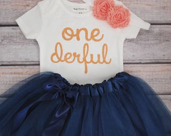 One-derful First birthday outfit girl peach and navy birthday outfit 1st birthday girl outfit Baby girl first birthday outfit Onederful