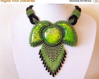15% SALE Statement Beadwork Bead Embroidery Pendant Necklace - GARDENS OF Paradise - Green Sea Sediment Jasper - green and black necklace