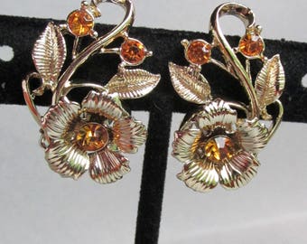 Vintage Climbing FLOWERs Amber Rhinestone Earrings
