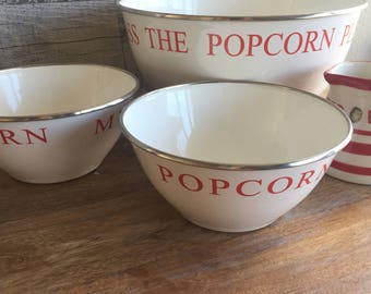 Popcorn Bowl Set Red and White Metal Bowl with Butter Pitcher - Movie Theater Popcorn Set - Large Bowl Two Smaller Bowls - ButterPitcher