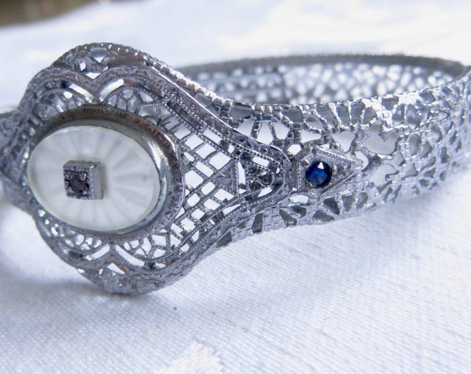 Antique Art Deco Camphor Glass Bracelet, Sapphire Glass Stones, Rhodium Filigree Setting, Vintage Art Deco Camphor Jewelry