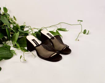 black mesh mule / 9 - 40 / high heel mule / minimalist / block heel mule / mesh sandals / mule sandals / mesh slip ons / minimalist sandal