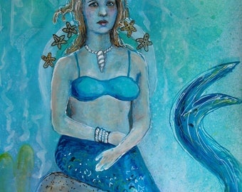 Original painting on heavy paper, modern mermaid decor, 11 X 14, acrylic paint, acrylic inks, watercolor pen and ink, Mermaid