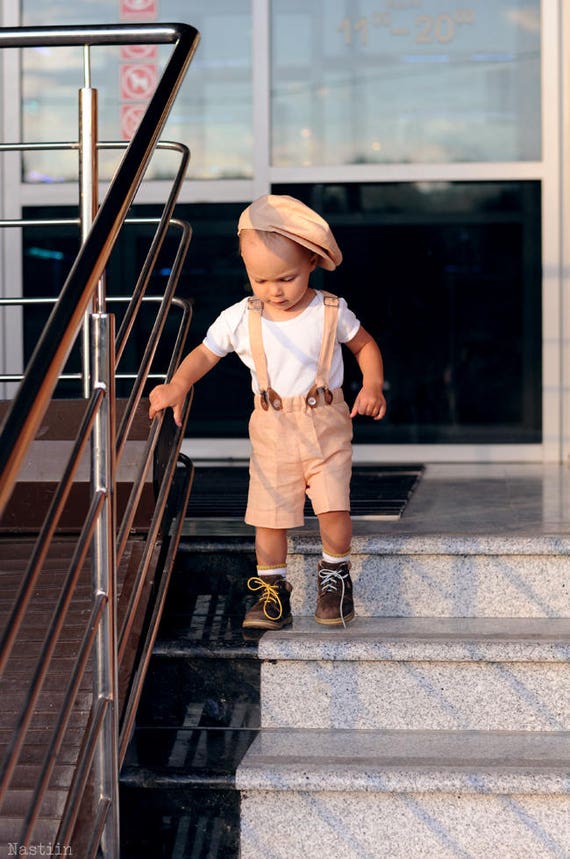 Toddler boy outfit Baby boy hat shorts with suspenders Kids