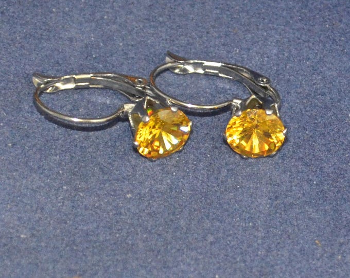 Yellow Zircon Leverback Earrings, 8mm Round, Natural, Set in Stainless Steel E1074