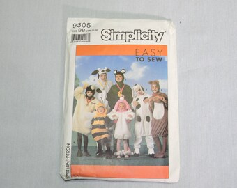 Simplicity Easy To Sew Pattern 9305 Size BB (SM-XLG) Animal Costumes Cow, Mouse, Lamb, Dalmation, Squirrel, Bumble Bee - Used