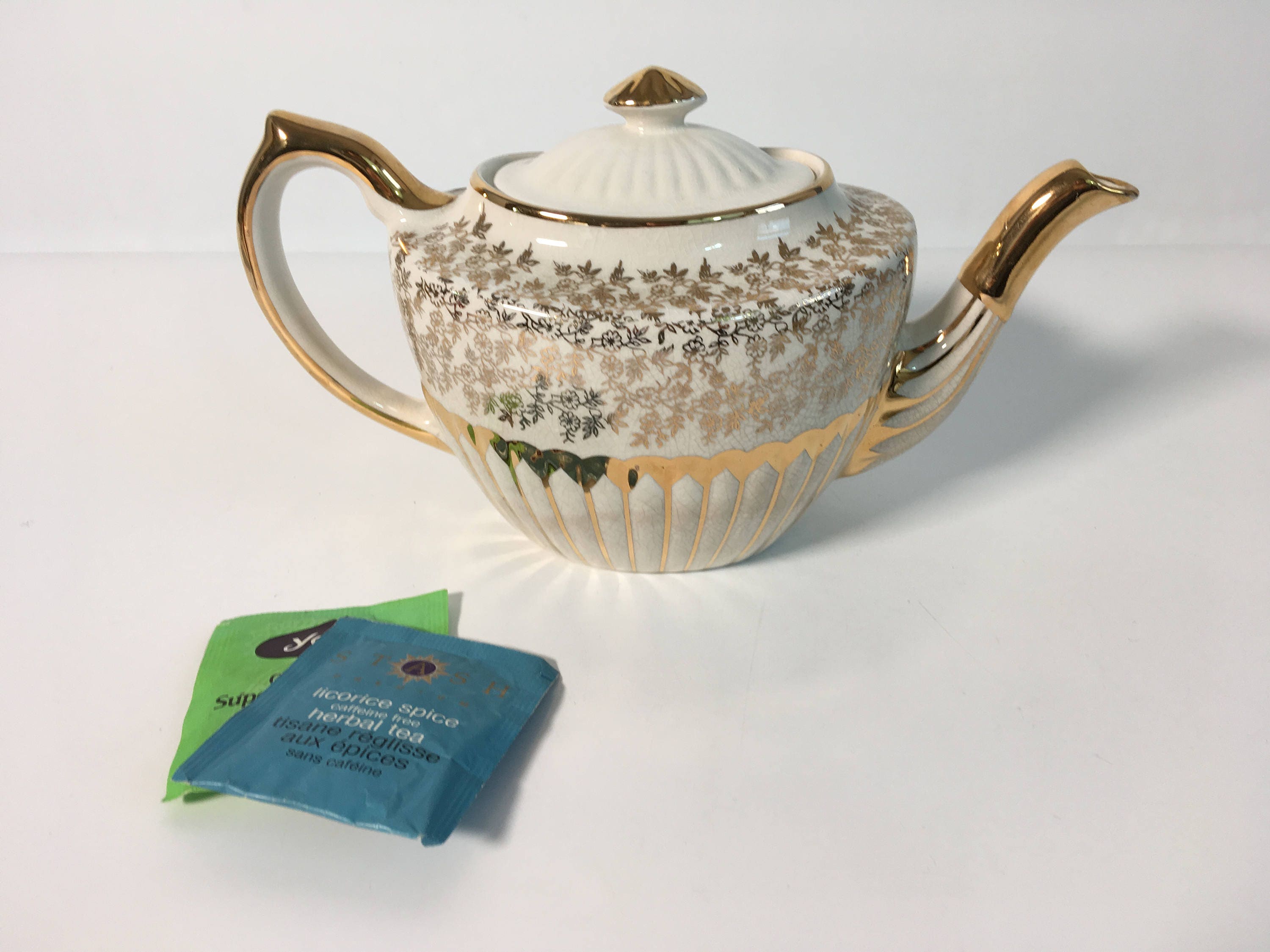 Vintage Crown Gibsons Staffordshire England Teapot Off White and Gold