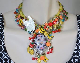 Fruity necklace, Colorful necklace, Bold necklace, Kitschy necklace, Cheeky necklace, Statement necklace, Bright fun necklace, OOAK necklace