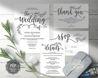 Rustic Wedding Invitation Cards Suite Instant Download PDF Editable Template Kraft Calligraphy Botanic Floral Rustic Wedding Invitation Cards Suite Instant Download PDF Editable Template Kraft Calligraphy Botanic Floral