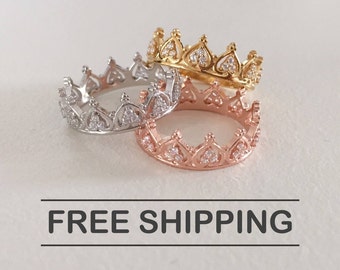 Princess Crown Ring - Tiara Ring - Stackable Ring - Knuckle Stack Slim - Rose Gold Ring - Sterling Silver Ring - Valentine's Day