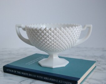 Vintage Milk Glass Footed Bowl - Fruit Bowl - Diamond Hobnail Milkglass - Cottage Chic Anthropologie Decor