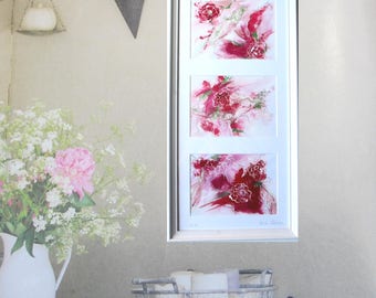 Abstract art, floral abstract art, original painting of flowers, white frame 25.5 x 52 cm= 20,1 x 10,2 in