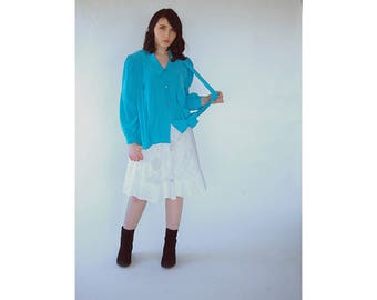 Vintage 80s avant garde satin blouse/shirt shoulder puffs Turquoise Bright blue Loose stripes over the bodice Medium