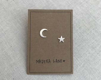 Tiny Crescent Moon and Star Stud Earrings. Mix Matched Earring Set. Sterling Silver Posts. Boho Earring Studs. Gift Under 15. Minimalist