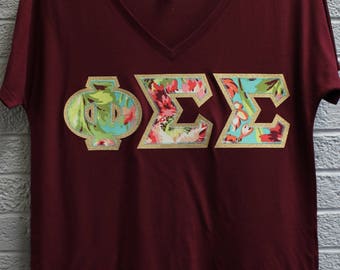 Phi Sigma Sigma Maroon Bella Flowy V-Neck With Amy Butler Bliss Bouquet on Gold Metallic (254C)