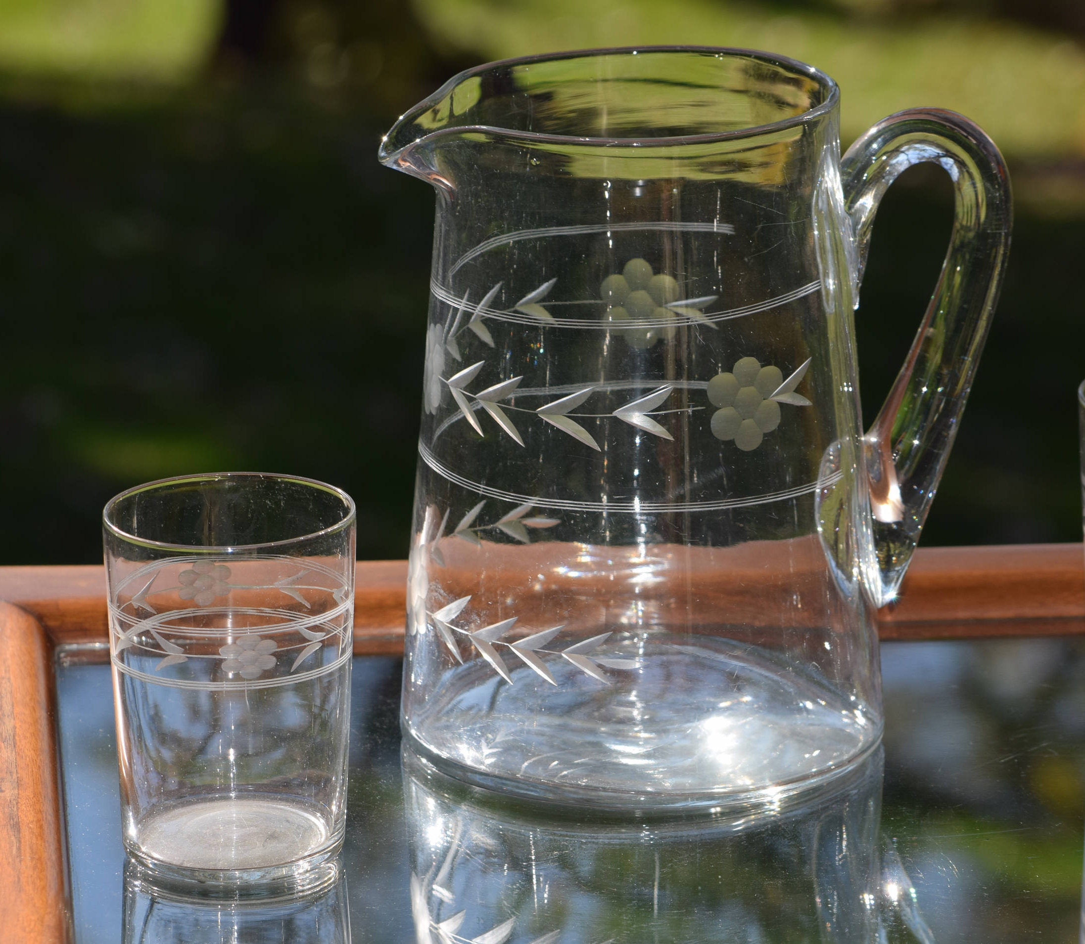 Vintage Etched Glass Cocktail Pitcher with 6 Lowballs, Etched Old