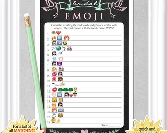 Bridal EMOJI Pictionary, Bridal Shower game with a vintage chalkboard background - mint & pink accents, ANSWERS included, diy Printable,11BR