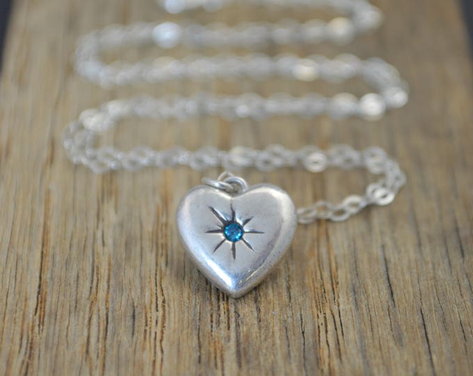 Mothers Necklace, Silver Heart Necklace, Blue Zircon Stone Necklace,Dainty Heart Necklace, Blue Zircons Mothers Necklace, December Necklace