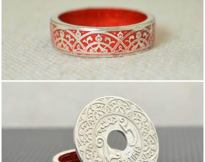 Moroccan Coin Ring, Red Coin Ring, Stained Glass Ring, Red Ring, Coin Art, Morocco, Silver Coin Ring, Moroccan Art, Boho Ring, Red