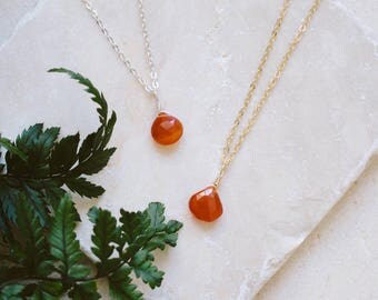Tiny Carnelian Necklace - Small Carnelian Faceted Teardrop Necklace - Genuine Orange Carnelian Crystal Necklace - July Birthstone Necklace